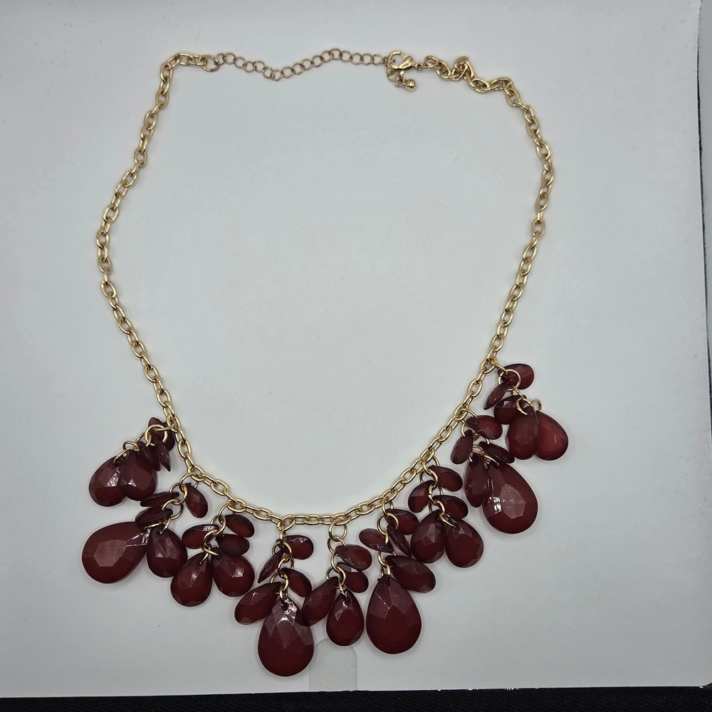 Burgundy Red Faceted Statement Bib Necklace 20" Gold Tone Cascading Boho